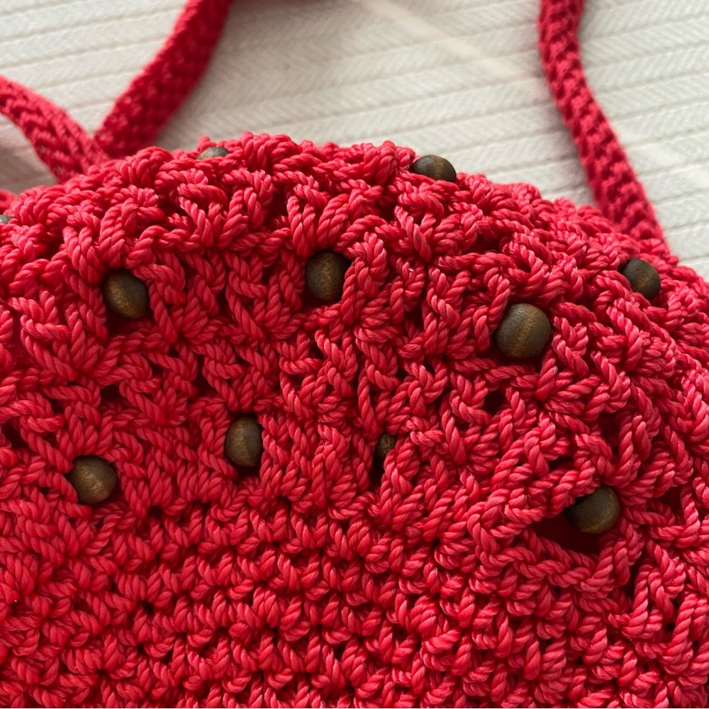 The Sak Red Boho Small Lined Crochet Drawstring Bucket Bag Crossbody - Picture 8 of 11